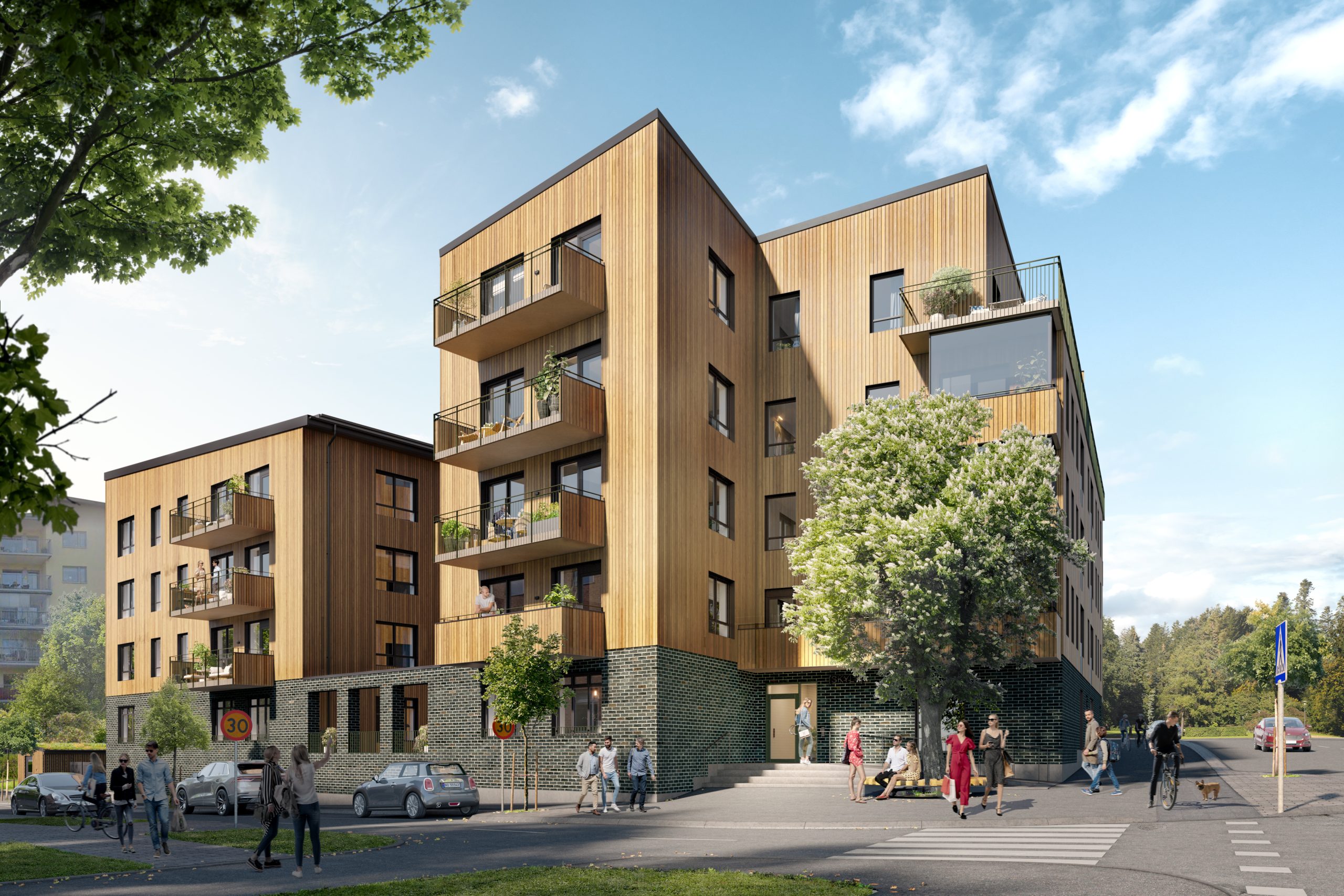Fasaderna mot Sollentunavägen och Ugglevägen kombinerar stilren arkitektur med en asymmetrisk byggnadsvolym som skapar liv och variation längs gaturummet.