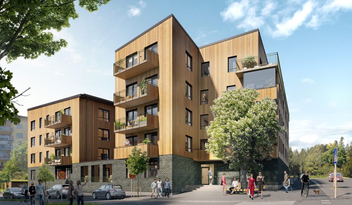 Fasaderna mot Sollentunavägen och Ugglevägen kombinerar stilren arkitektur med en asymmetrisk byggnadsvolym som skapar liv och variation längs gaturummet.